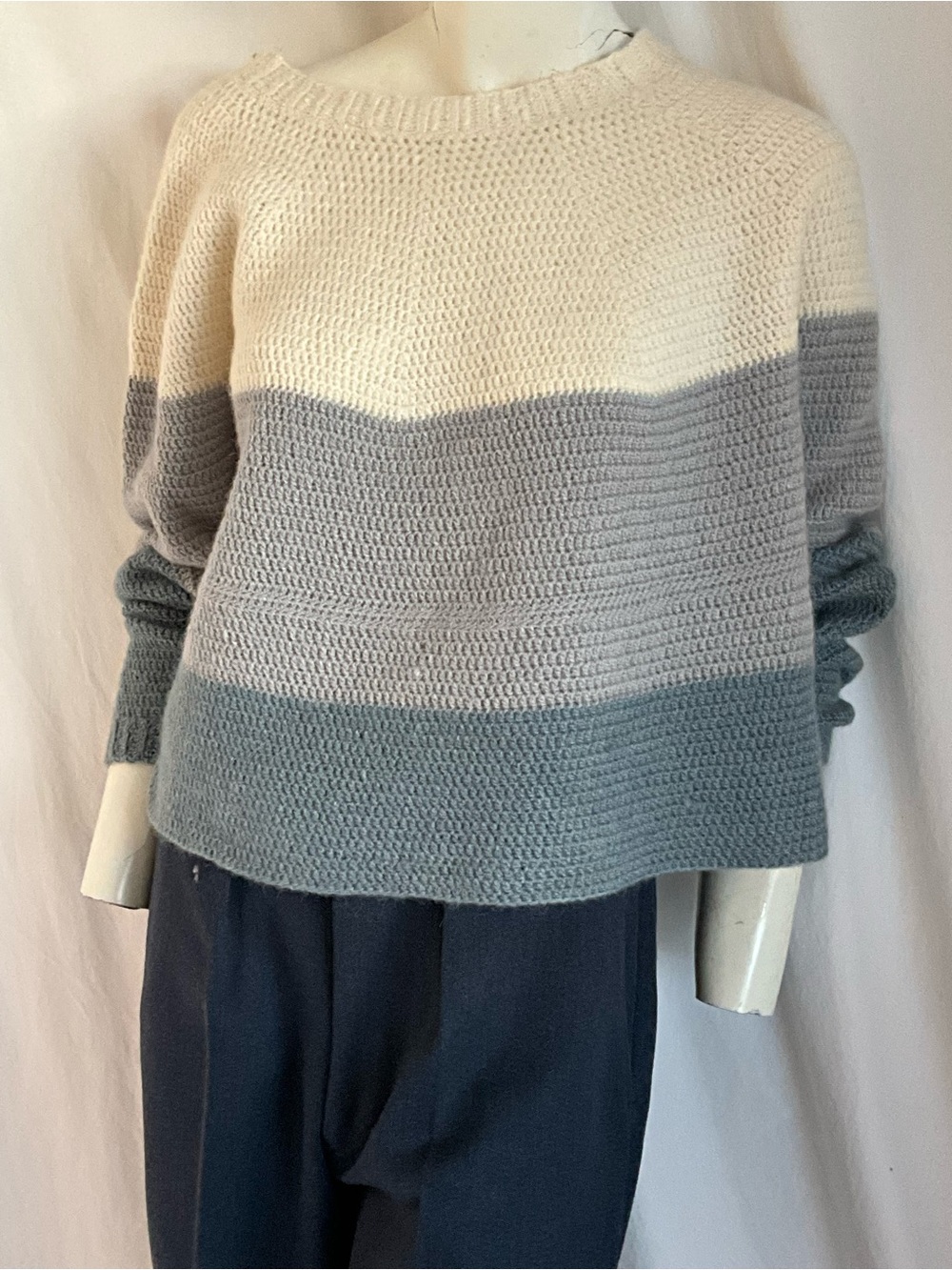 Hand Crochet Colourblock Sweater Ivory Grey Blue Wool-Like Artisan Pullover